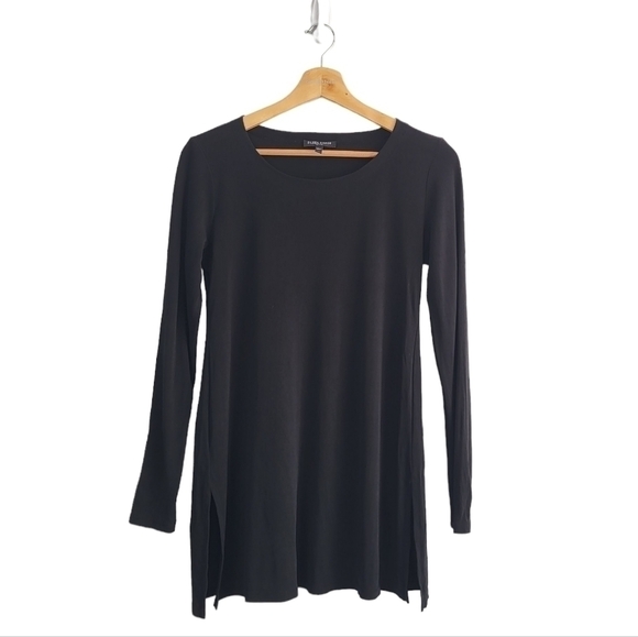 Eileen Fisher 100% Silk Long Sleeve Solid Black Scoop Neck Tunic Top PP - Picture 1 of 11